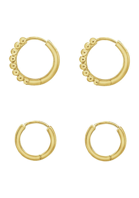 Yellow Gold Plated Sterling Silver Classic Huggie Hoops and Ball Hoop Earrings Set