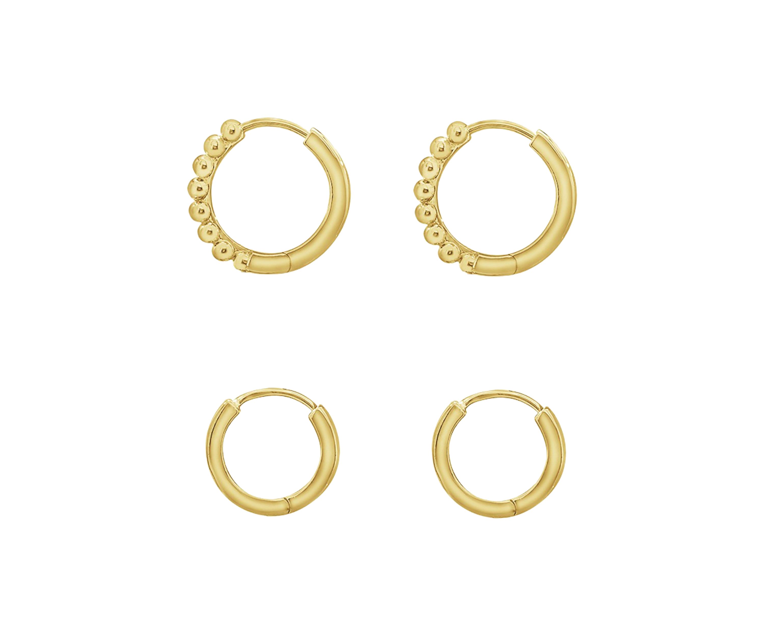 Yellow Gold Plated Sterling Silver Classic Huggie Hoops and Ball Hoop Earrings Set