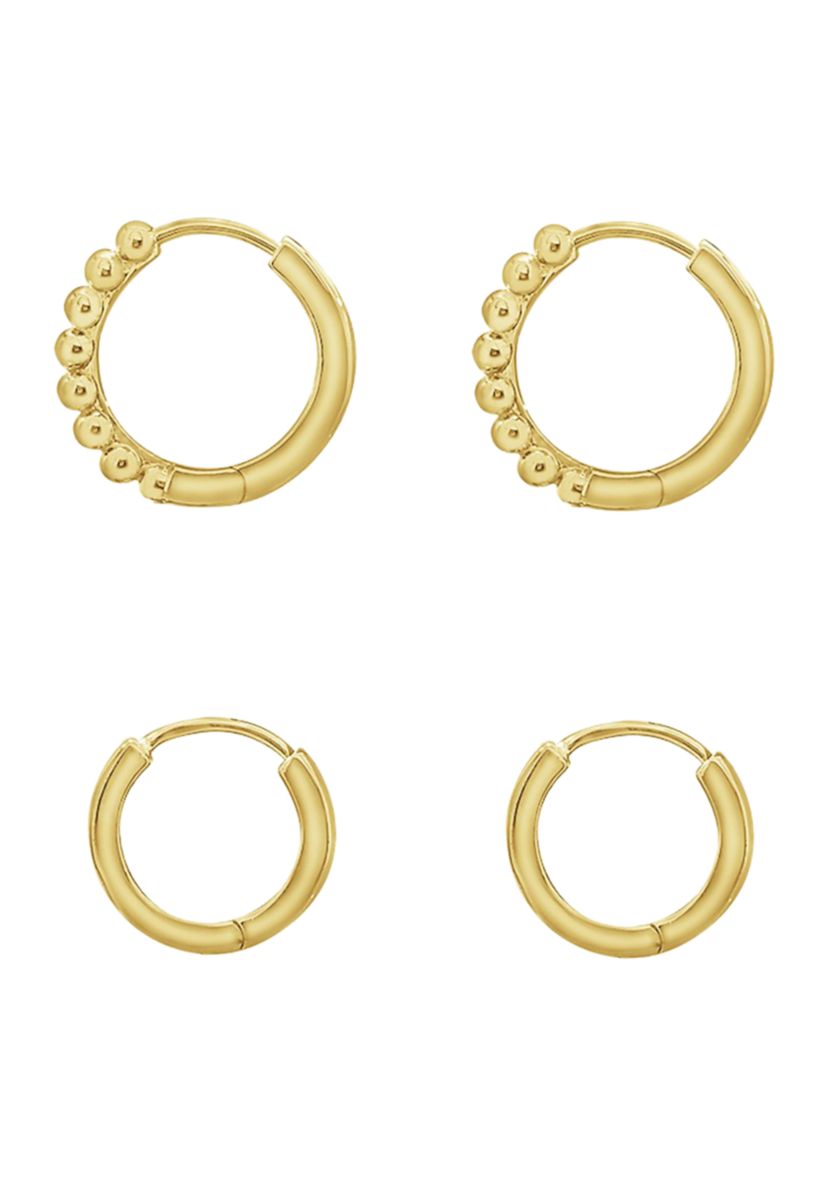 Yellow Gold Plated Sterling Silver Classic Huggie Hoops and Ball Hoop Earrings Set
