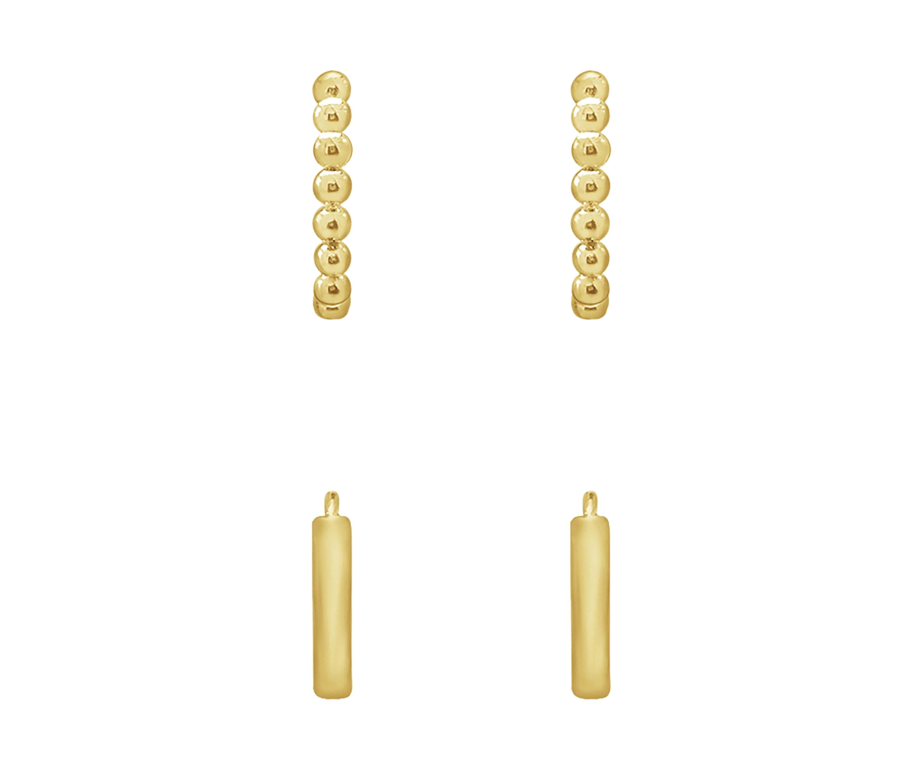 Yellow Gold Plated Sterling Silver Classic Huggie Hoops and Ball Hoop Earrings Set