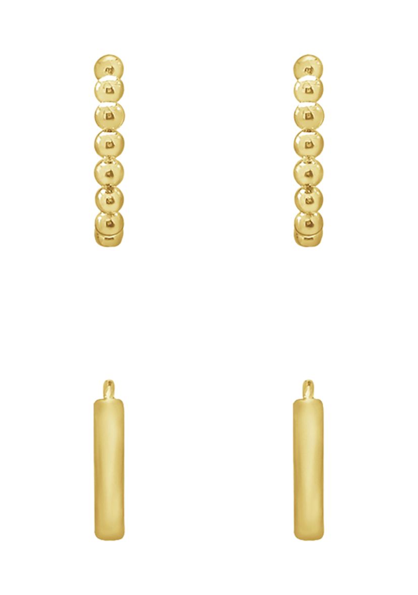 Yellow Gold Plated Sterling Silver Classic Huggie Hoops and Ball Hoop Earrings Set
