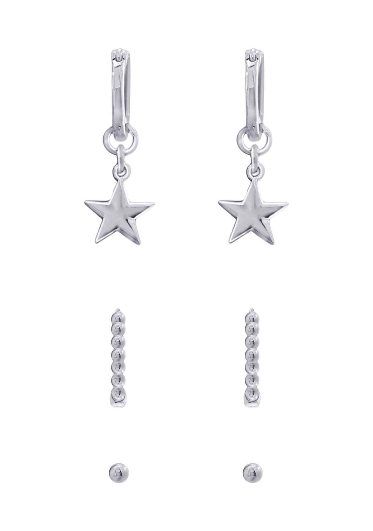Rhodium Plated Sterling Silver Ball Studs, Star Dangle Huggie Hoops and Ball Hoop Earrings Set