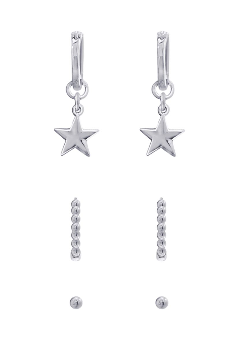Rhodium Plated Sterling Silver Ball Studs, Star Dangle Huggie Hoops and Ball Hoop Earrings Set