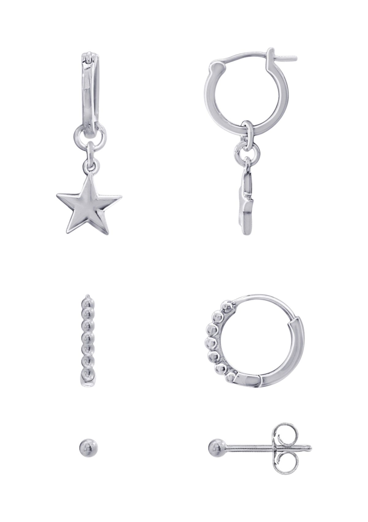 Rhodium Plated Sterling Silver Ball Studs, Star Dangle Huggie Hoops and Ball Hoop Earrings Set