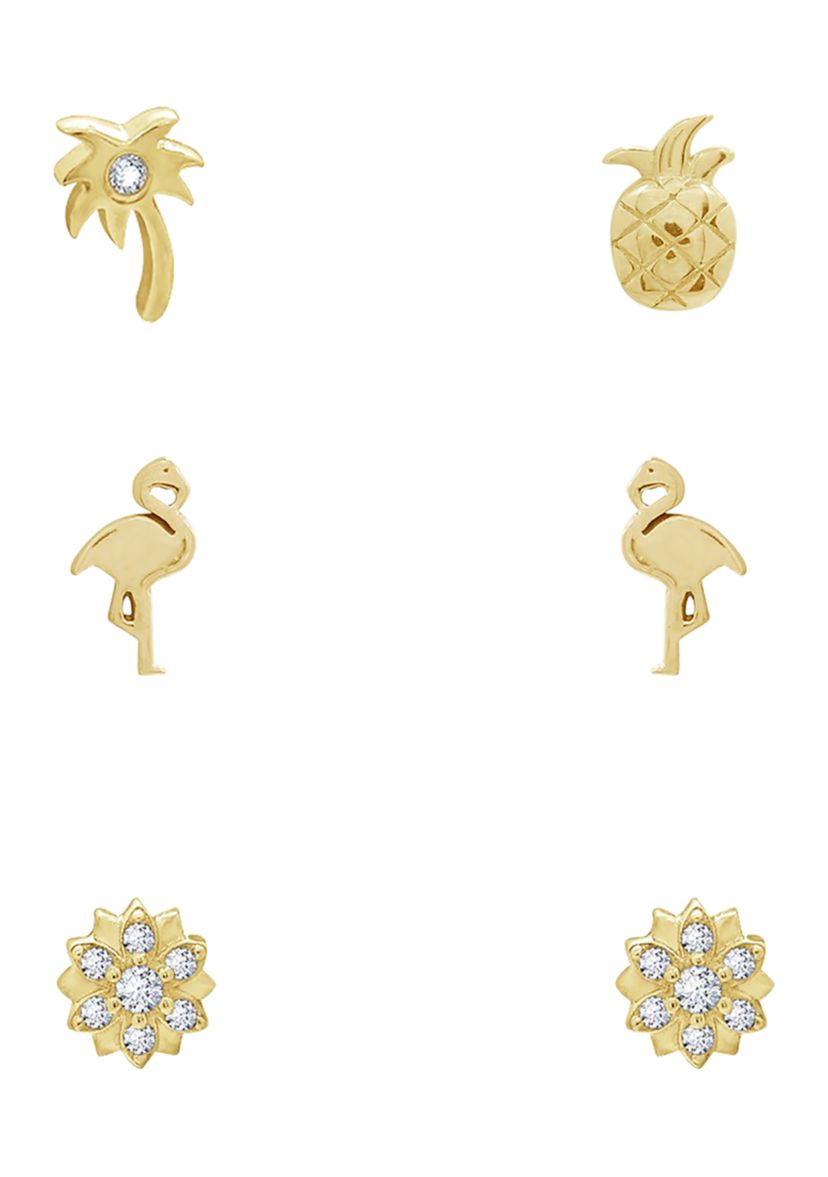 Yellow Gold Plated Sterling Silver 1/2 ct. t.w. Cubic Zirconia Summer Minimal Earring Set, Fruity Pineapple and Palm Tree, Flamingo and Flower Earrings