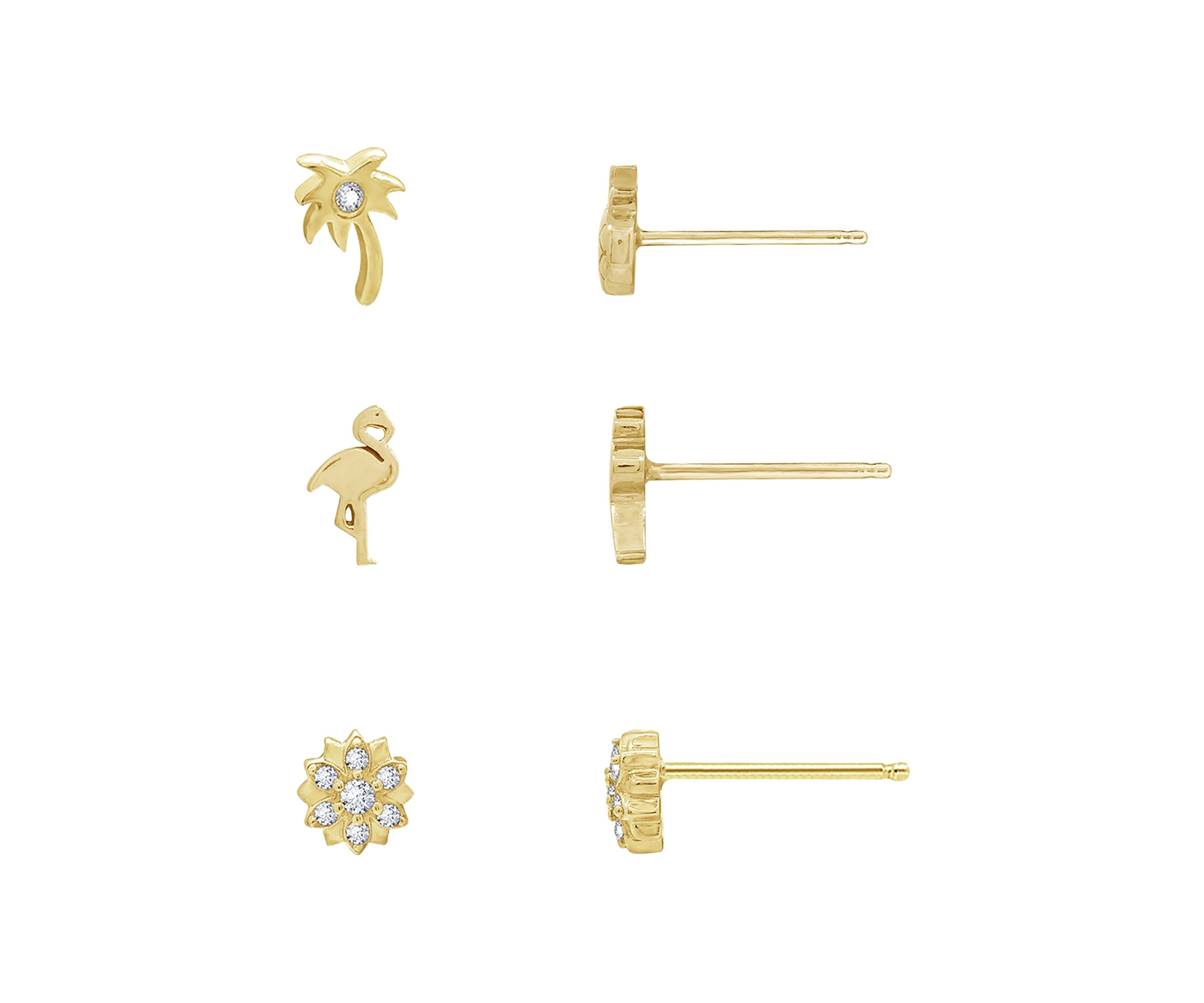 Yellow Gold Plated Sterling Silver 1/2 ct. t.w. Cubic Zirconia Summer Minimal Earring Set, Fruity Pineapple and Palm Tree, Flamingo and Flower Earrings