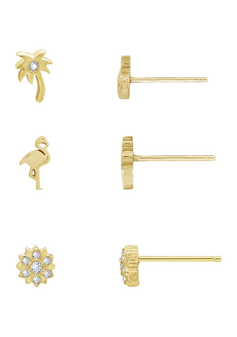Yellow Gold Plated Sterling Silver 1/2 ct. t.w. Cubic Zirconia Summer Minimal Earring Set, Fruity Pineapple and Palm Tree, Flamingo and Flower Earrings