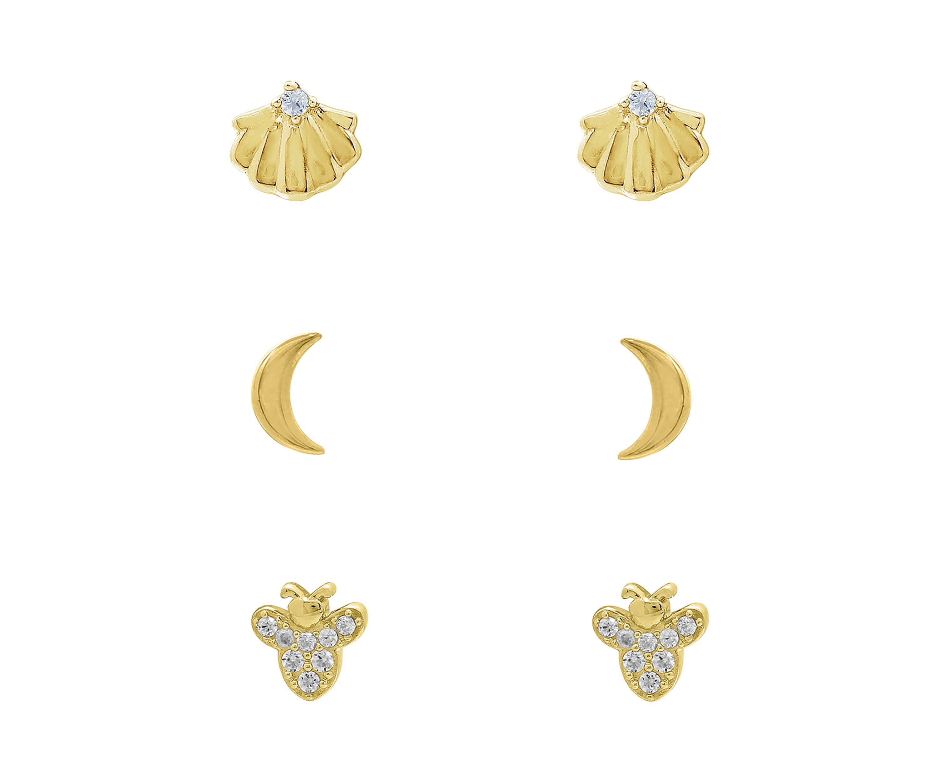 Yellow Gold Plated Sterling Silver Cubic Zirconia Summer Minimal Earring Set, Seashells, Bumble Bee and Crescent Moon Earrings