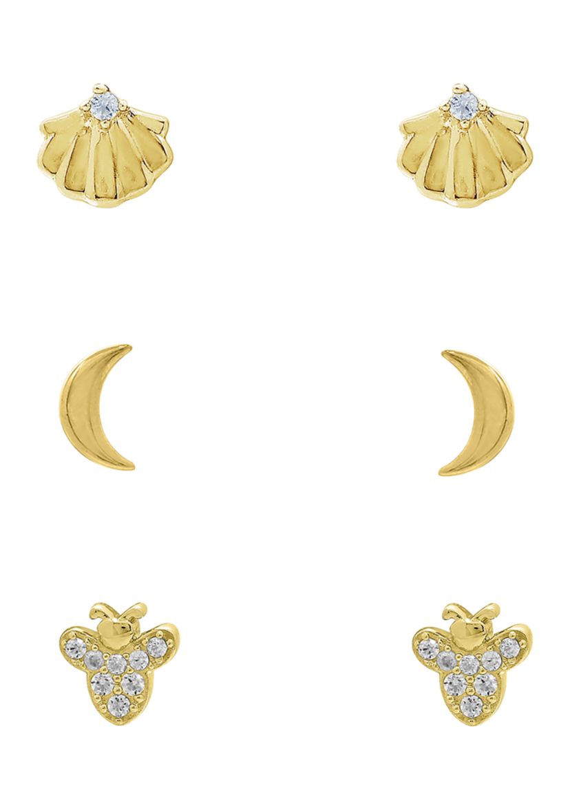 Yellow Gold Plated Sterling Silver Cubic Zirconia Summer Minimal Earring Set, Seashells, Bumble Bee and Crescent Moon Earrings