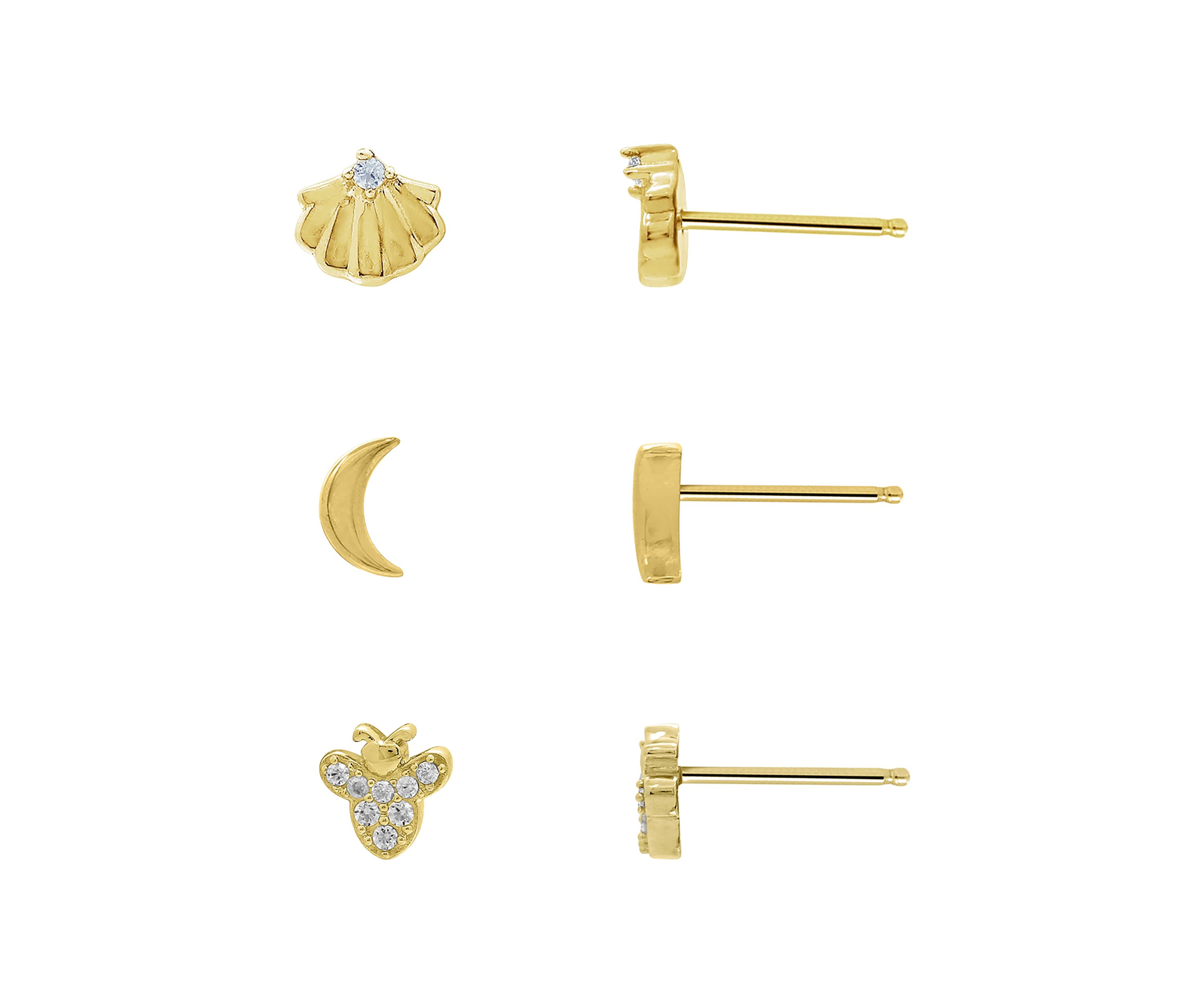 Yellow Gold Plated Sterling Silver Cubic Zirconia Summer Minimal Earring Set, Seashells, Bumble Bee and Crescent Moon Earrings