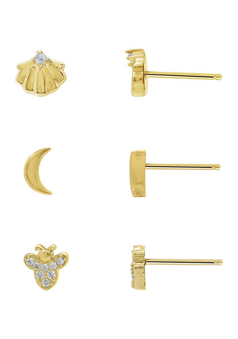 Yellow Gold Plated Sterling Silver Cubic Zirconia Summer Minimal Earring Set, Seashells, Bumble Bee and Crescent Moon Earrings