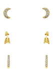 Yellow Gold Plated Sterling Silver Cubic Zirconia Minimal Earring Set, Pavé Crescent Moon, Arrow and Half Huggie Hoop Earrings