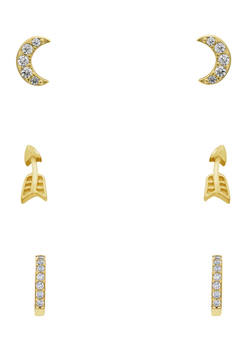 Yellow Gold Plated Sterling Silver Cubic Zirconia Minimal Earring Set, Pavé Crescent Moon, Arrow and Half Huggie Hoop Earrings