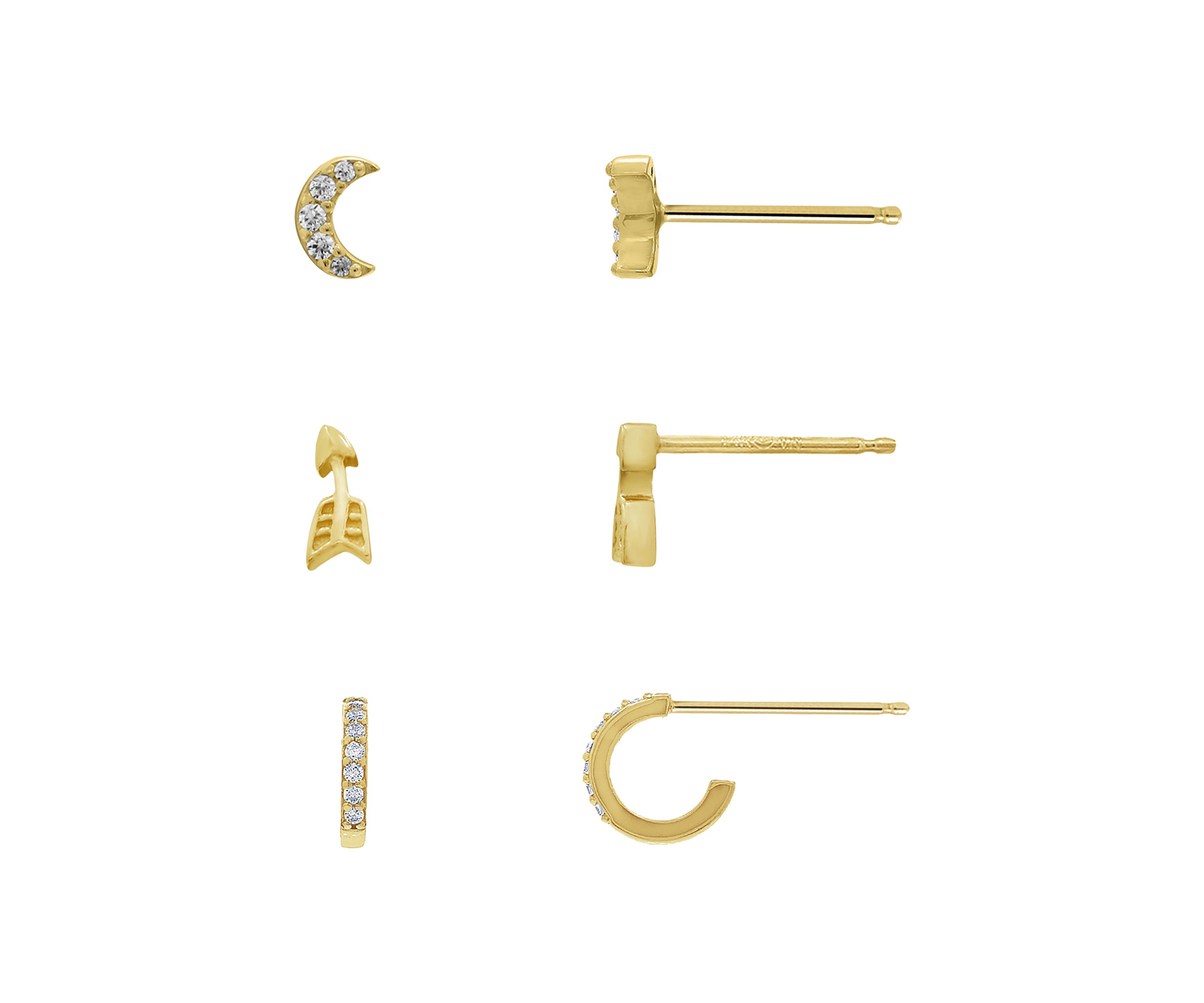 Yellow Gold Plated Sterling Silver Cubic Zirconia Minimal Earring Set, Pavé Crescent Moon, Arrow and Half Huggie Hoop Earrings