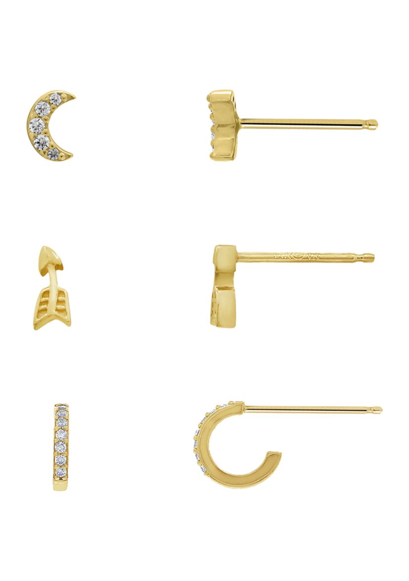 Yellow Gold Plated Sterling Silver Cubic Zirconia Minimal Earring Set, Pavé Crescent Moon, Arrow and Half Huggie Hoop Earrings