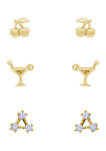 Yellow Gold Plated Sterling Silver Cubic Zirconia Summer Minimal Earring Set, Cherry, Cocktail and Three Star Earrings