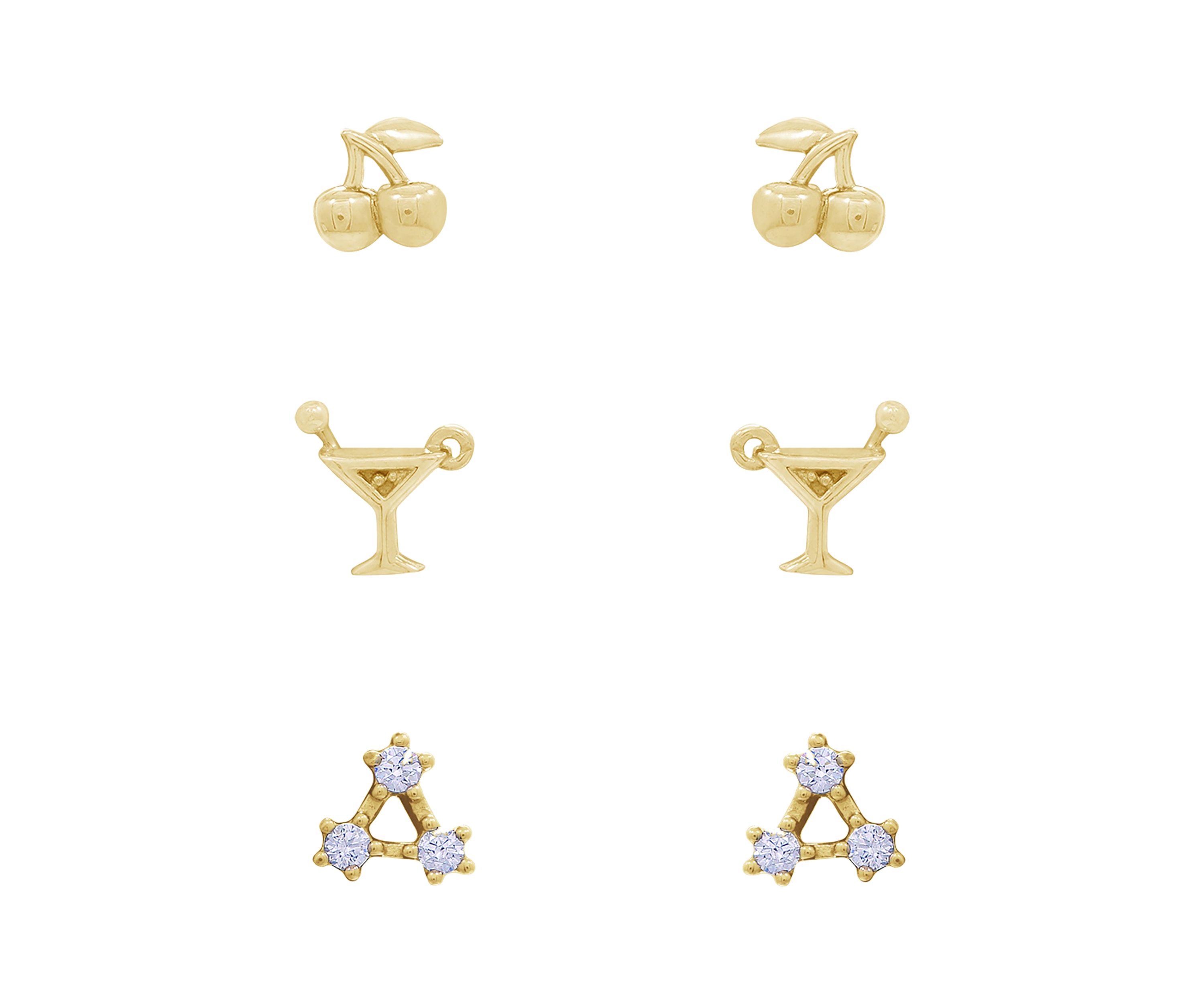 Yellow Gold Plated Sterling Silver Cubic Zirconia Summer Minimal Earring Set, Cherry, Cocktail and Three Star Earrings