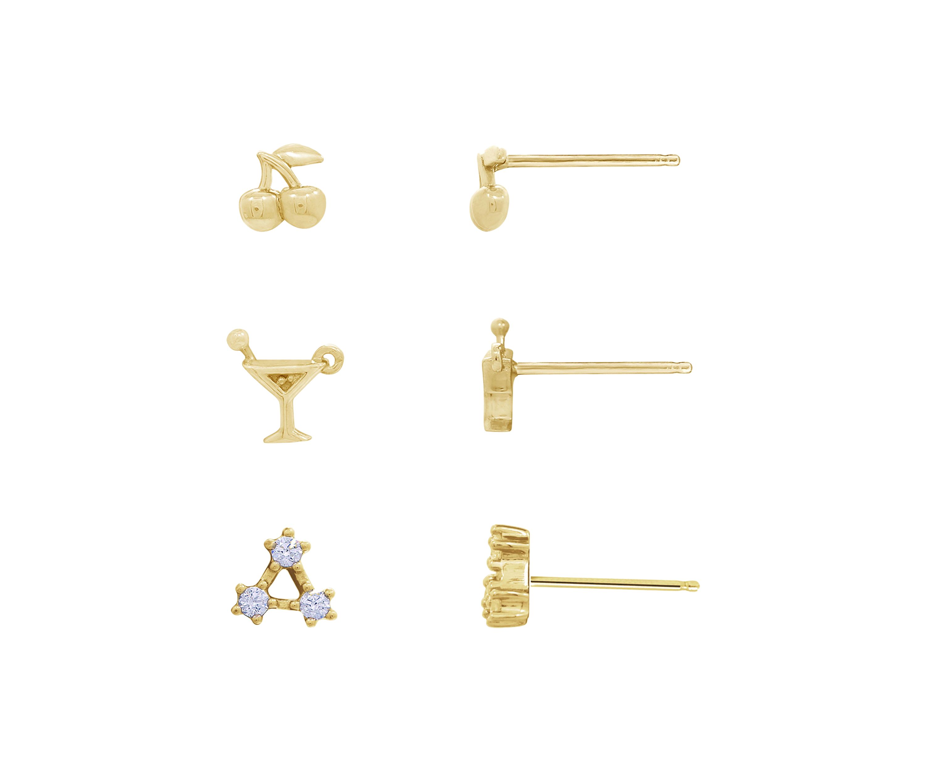 Yellow Gold Plated Sterling Silver Cubic Zirconia Summer Minimal Earring Set, Cherry, Cocktail and Three Star Earrings