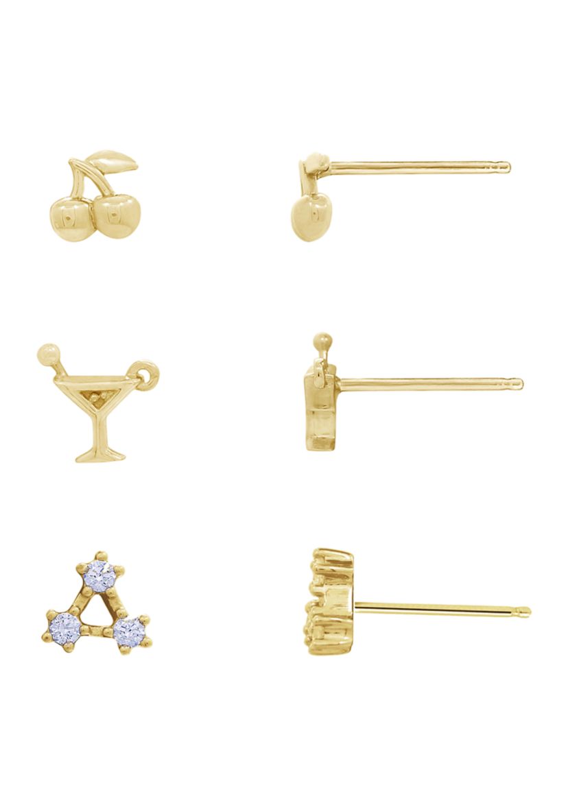 Yellow Gold Plated Sterling Silver Cubic Zirconia Summer Minimal Earring Set, Cherry, Cocktail and Three Star Earrings