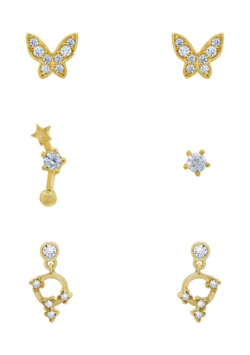 Yellow Gold Plated Sterling Silver Cubic Zirconia Summer Minimal Earring Set, Butterfly, Star and Open Circle Earrings