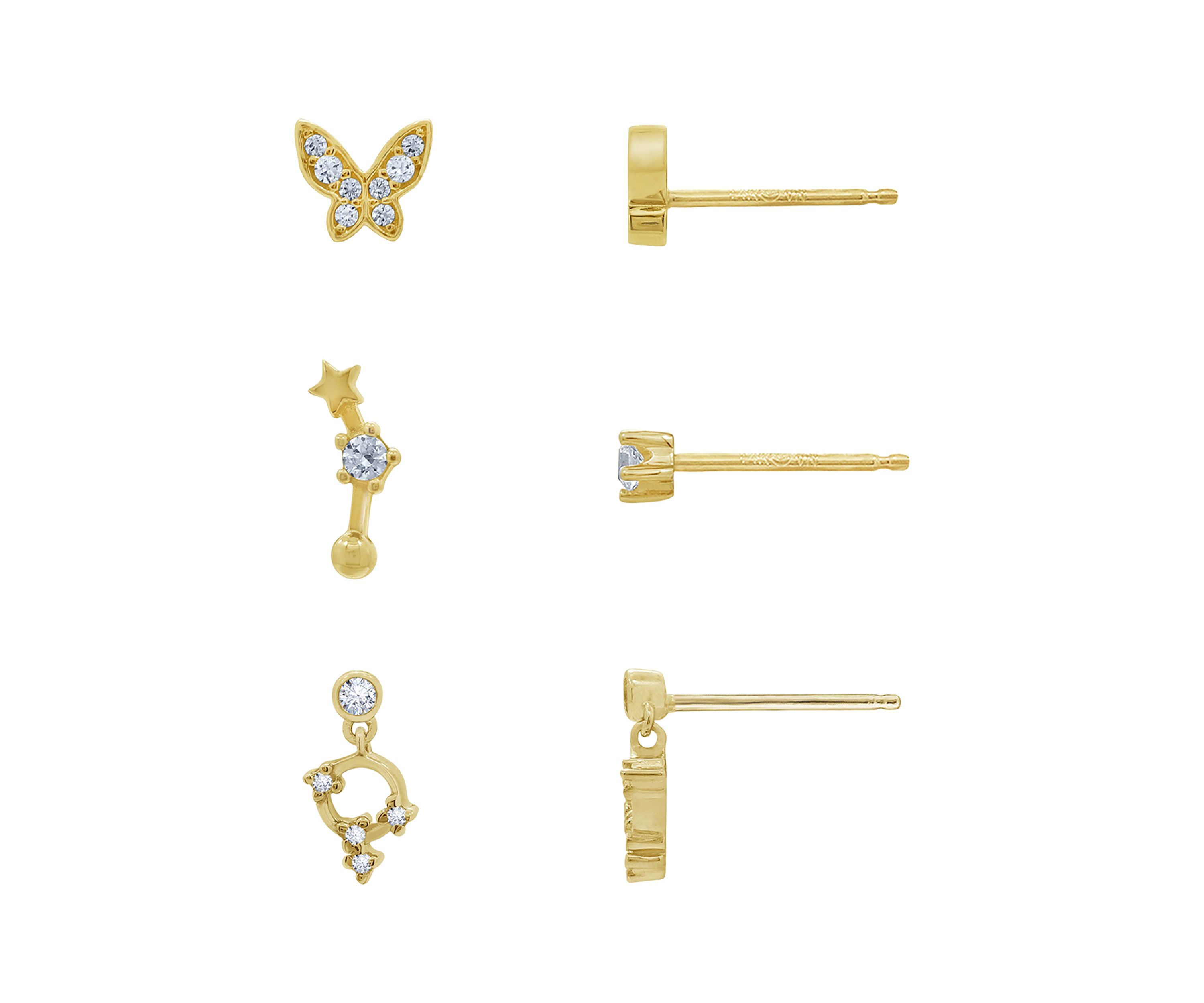 Yellow Gold Plated Sterling Silver Cubic Zirconia Summer Minimal Earring Set, Butterfly, Star and Open Circle Earrings