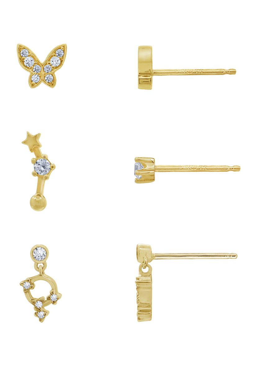 Yellow Gold Plated Sterling Silver Cubic Zirconia Summer Minimal Earring Set, Butterfly, Star and Open Circle Earrings