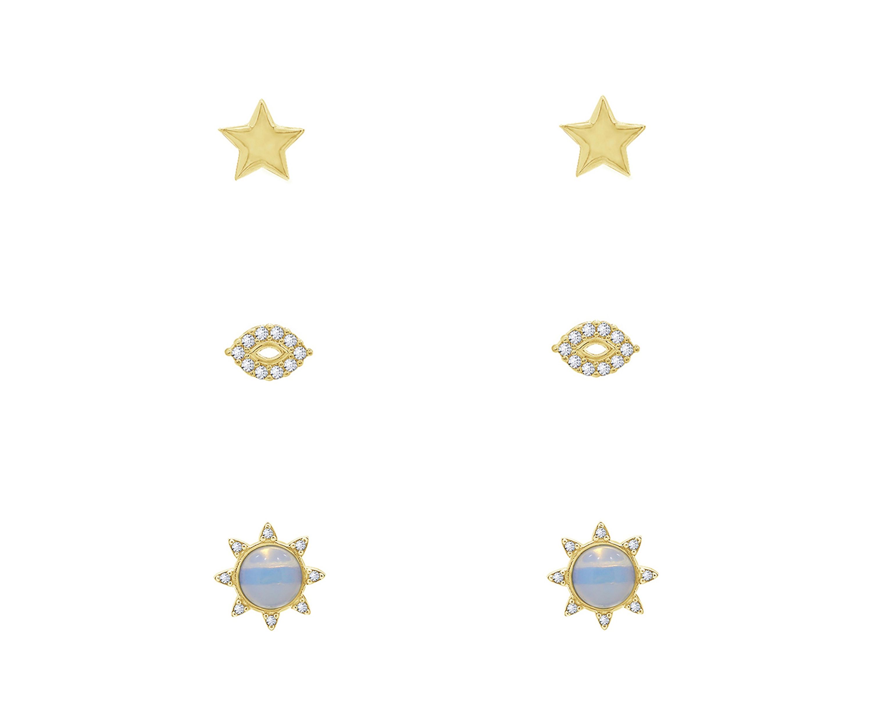 Yellow Gold Plated Sterling Silver Cubic Zirconia Summer Minimal Earring Set, Opal Sun, Star and Evil Eye Earrings