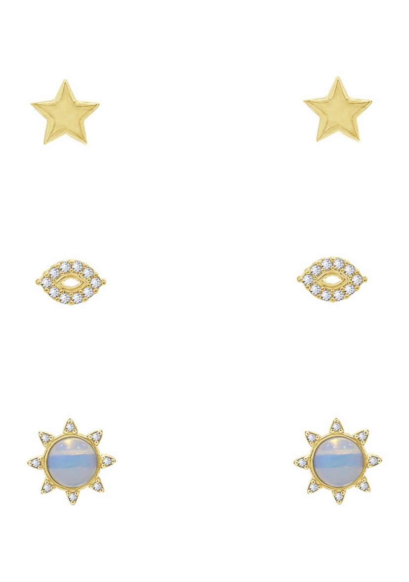 Yellow Gold Plated Sterling Silver Cubic Zirconia Summer Minimal Earring Set, Opal Sun, Star and Evil Eye Earrings