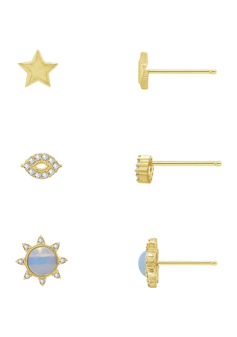 Yellow Gold Plated Sterling Silver Cubic Zirconia Summer Minimal Earring Set, Opal Sun, Star and Evil Eye Earrings