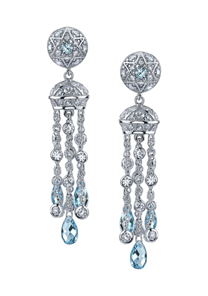 Platinum Plated Sterling Silver 4.11 ct. t.w. Cubic Zirconia Blue Tassel Dangle Drop Earrings