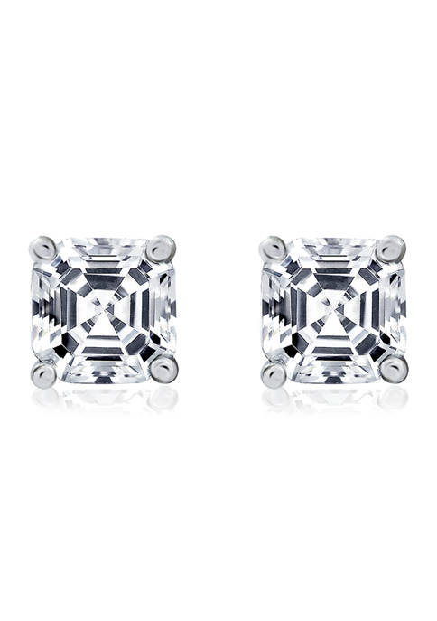 Rhodium Plated Sterling Silver 5 Millimeter Cubic Zirconia Asscher Cut Solitaire Rope Gallery Stud Earring