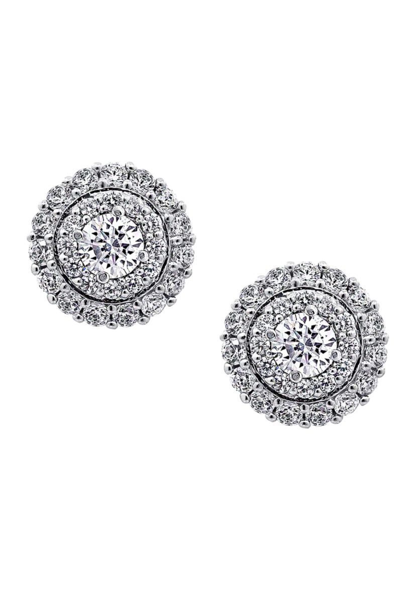 Rhodium Plated Sterling Silver 1.59 ct. t.w. Cubic Zirconia Round Halo Pave Stud Earring