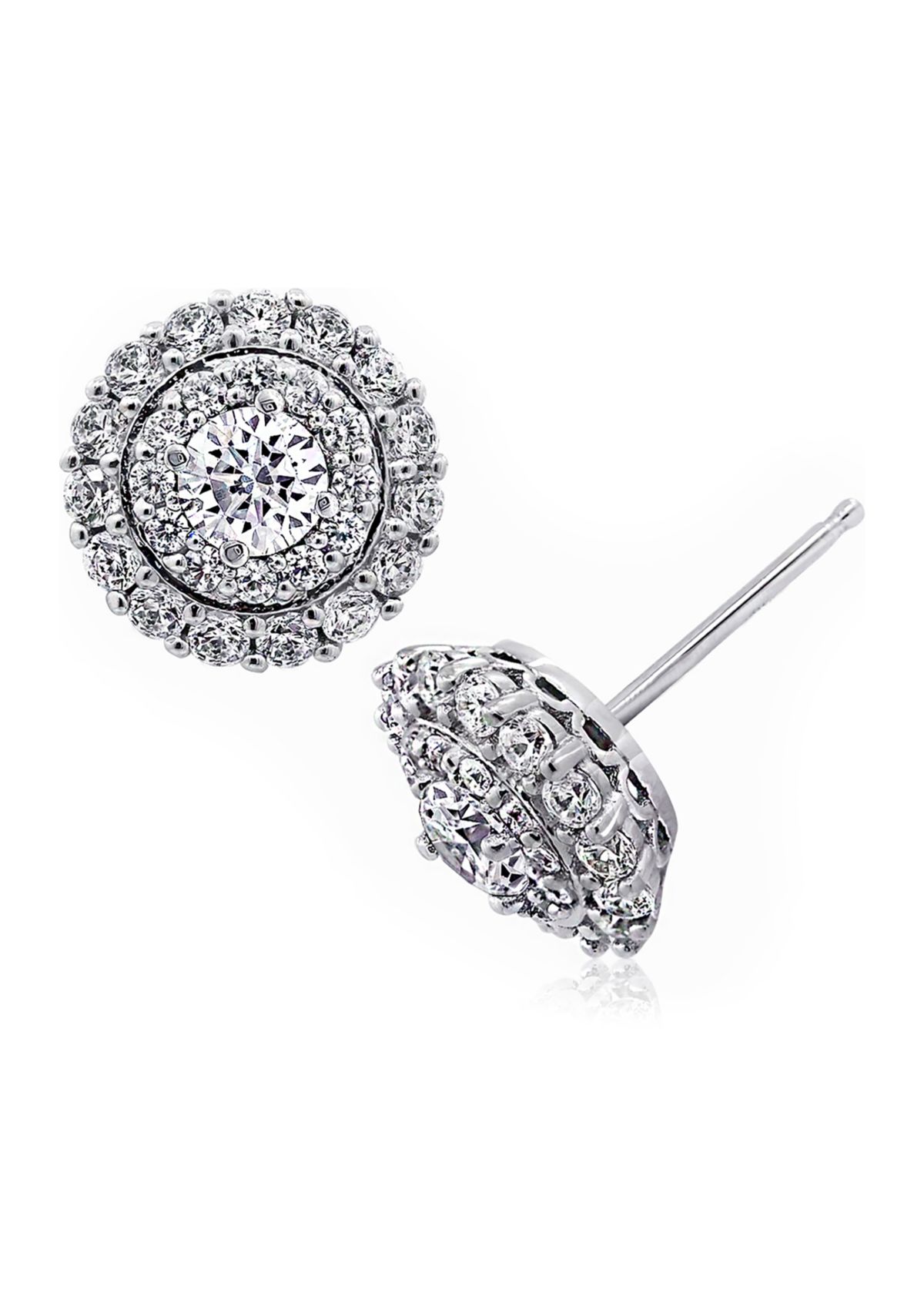 Rhodium Plated Sterling Silver 1.59 ct. t.w. Cubic Zirconia Round Halo Pave Stud Earring