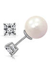 Rhodium Plated Sterling Silver Cubic Zirconia Princess Small Solitaire with Pearl Back Stud Earring