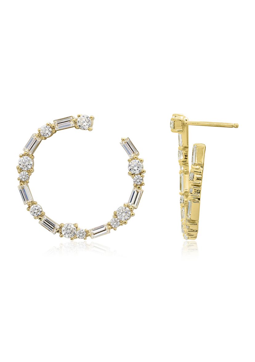Yellow Gold Plated Sterling Silver 3.46cttw Cubic Zirconia Thin Princess Baguette Hoop Earring