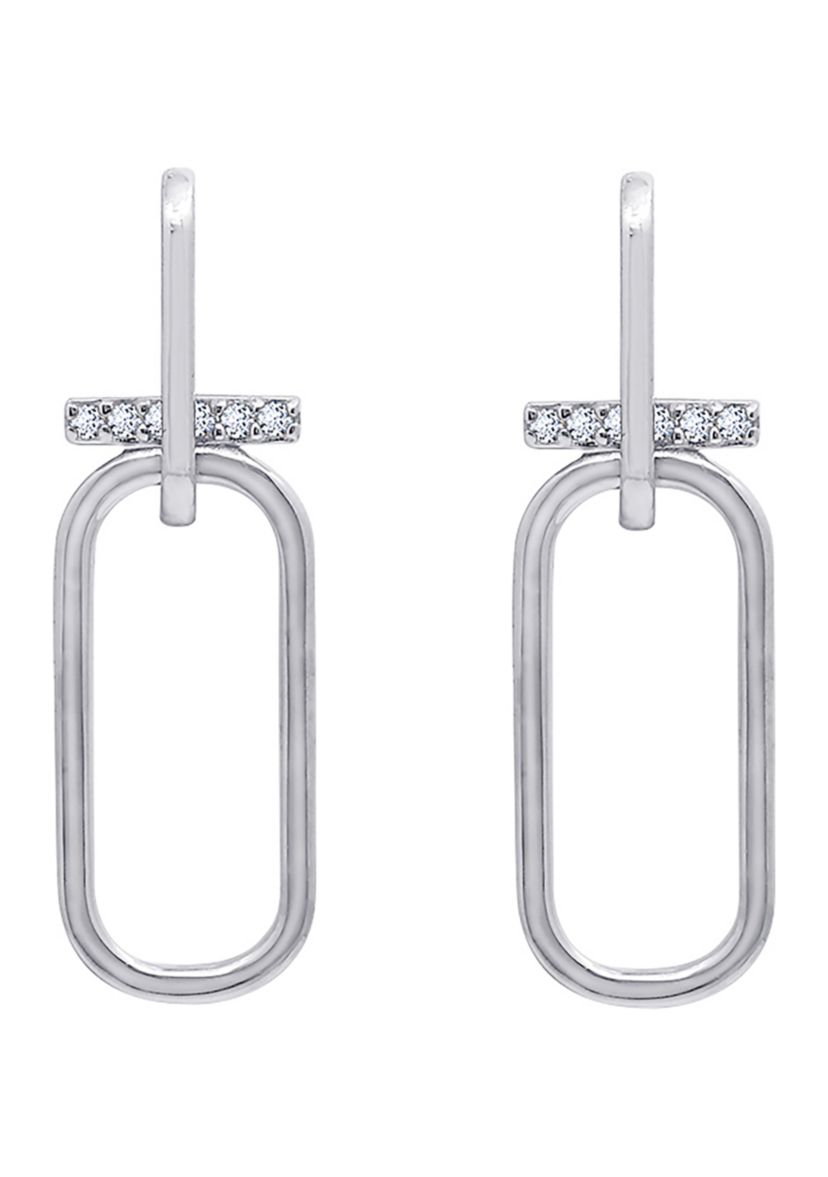 Platinum Plated Sterling Silver Cubic Zirconia Double Link with Bar Drop Stud Earrings