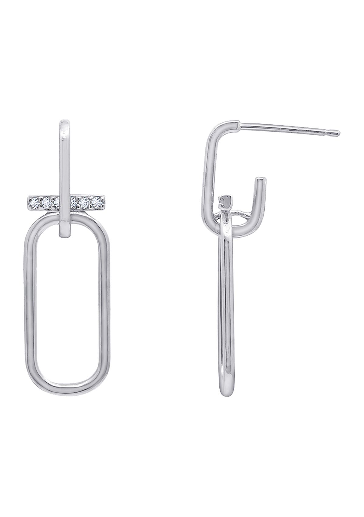 Platinum Plated Sterling Silver Cubic Zirconia Double Link with Bar Drop Stud Earrings