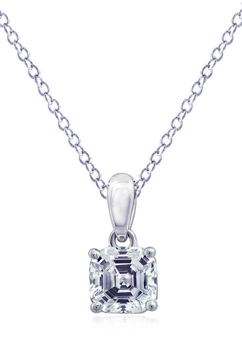 Rhodium Plated Sterling Silver Cubic Zirconia Ascher Solitaire Pendant Necklace 