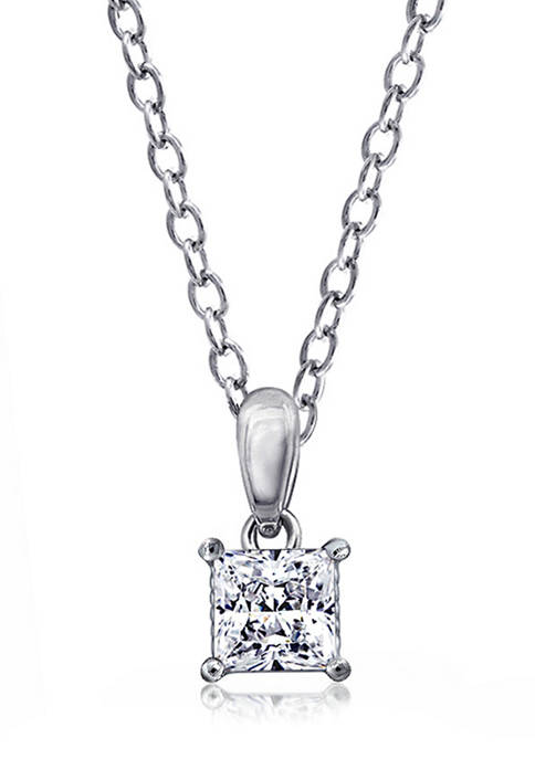 Rhodium Plated Sterling Silver Cubic Zirconia Princess Cut Solitaire Pendant Necklace 