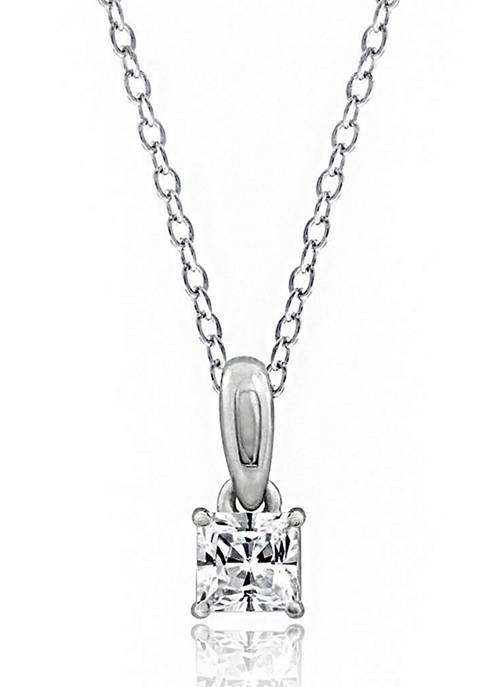 Rhodium Plated Sterling Silver 4 Millimeter Cubic Zirconia Princess Cut Solitaire Pendant