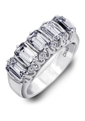 KIERA Rhodium Plated Sterling Silver 3.5 ct. t.w. Emerald Cut Cubic Zirconia 5 Stone Ring, 8