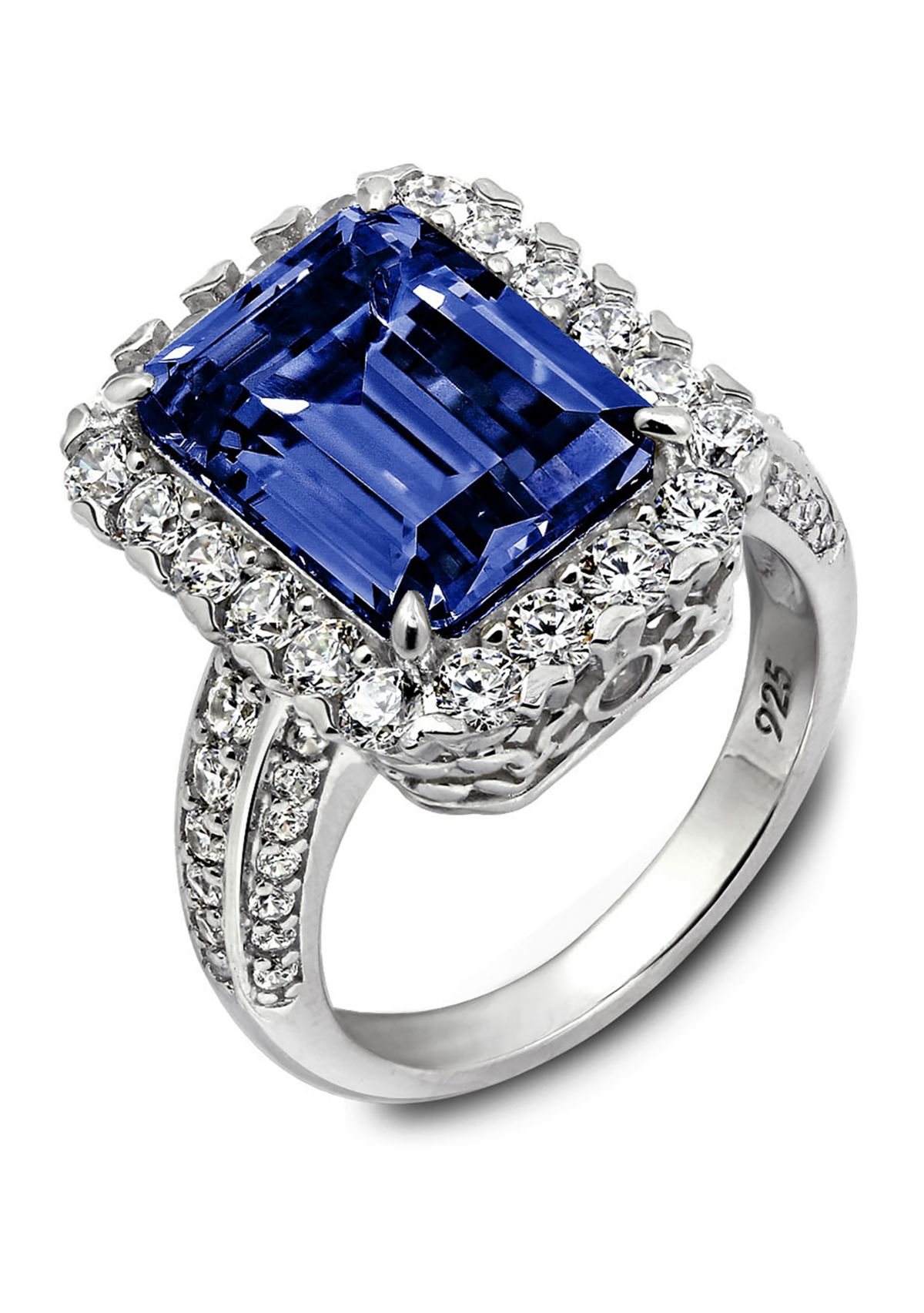 Platinum Plated Sterling Silver Cubic Zirconia Emerald Cut Simulated Gem Halo Cocktail Ring