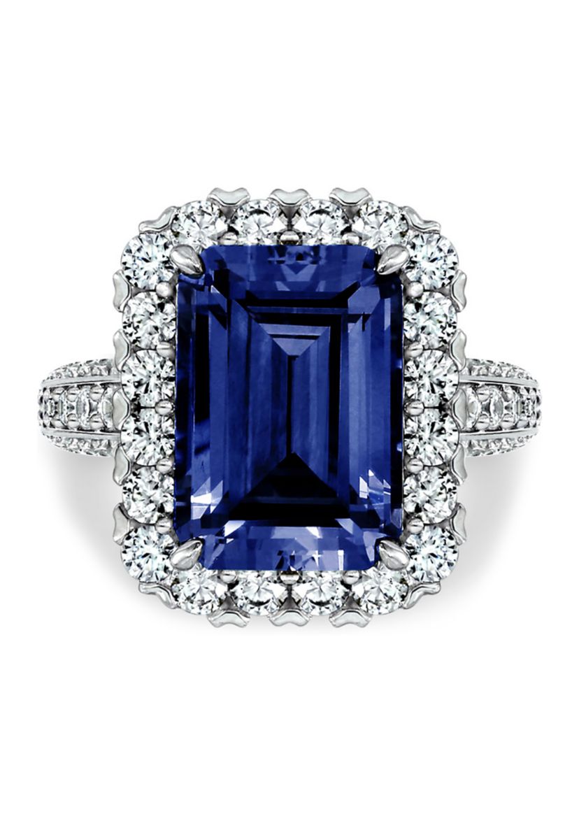 Platinum Plated Sterling Silver Cubic Zirconia Emerald Cut Simulated Gem Halo Cocktail Ring