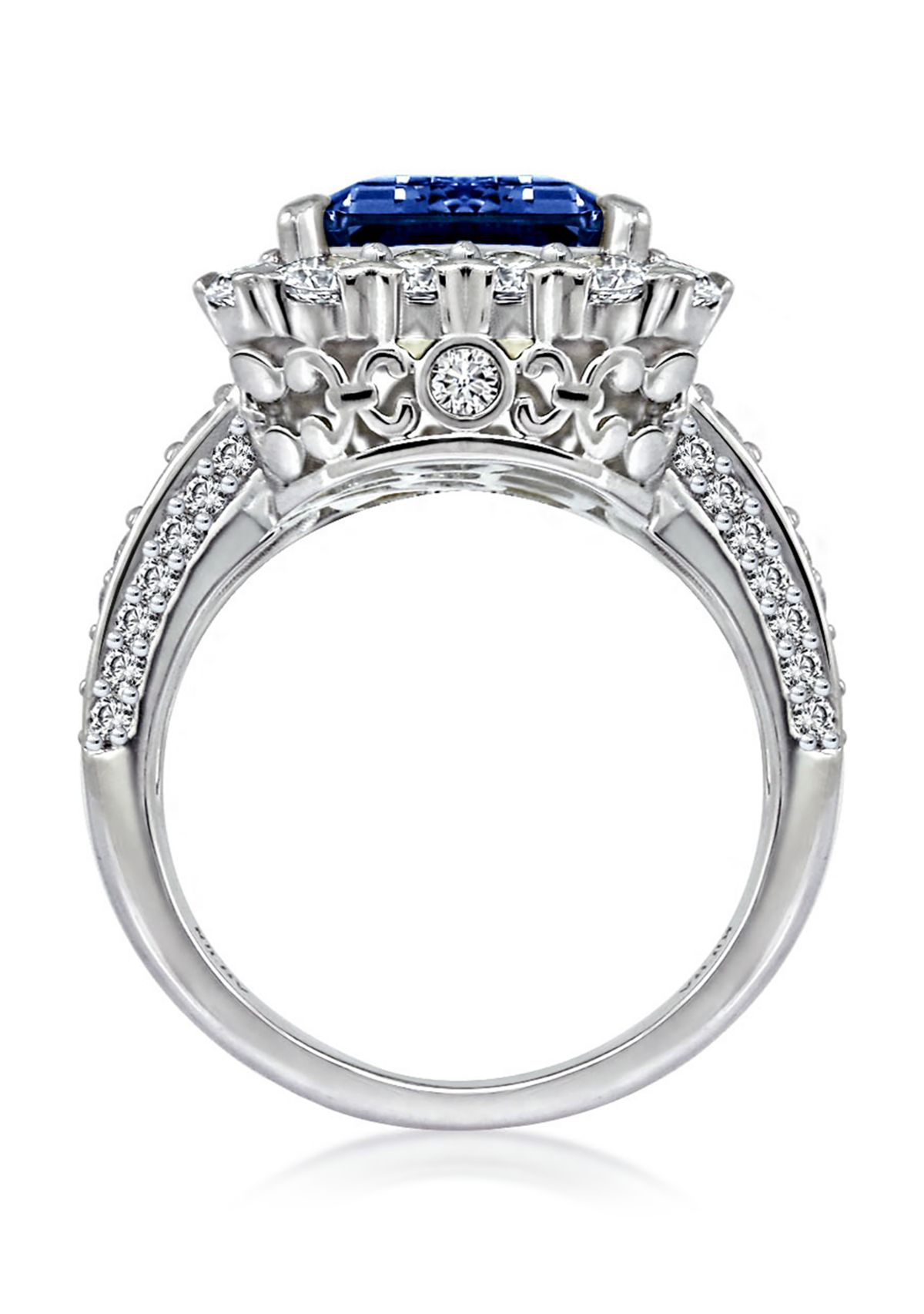 Platinum Plated Sterling Silver Cubic Zirconia Emerald Cut Simulated Gem Halo Cocktail Ring