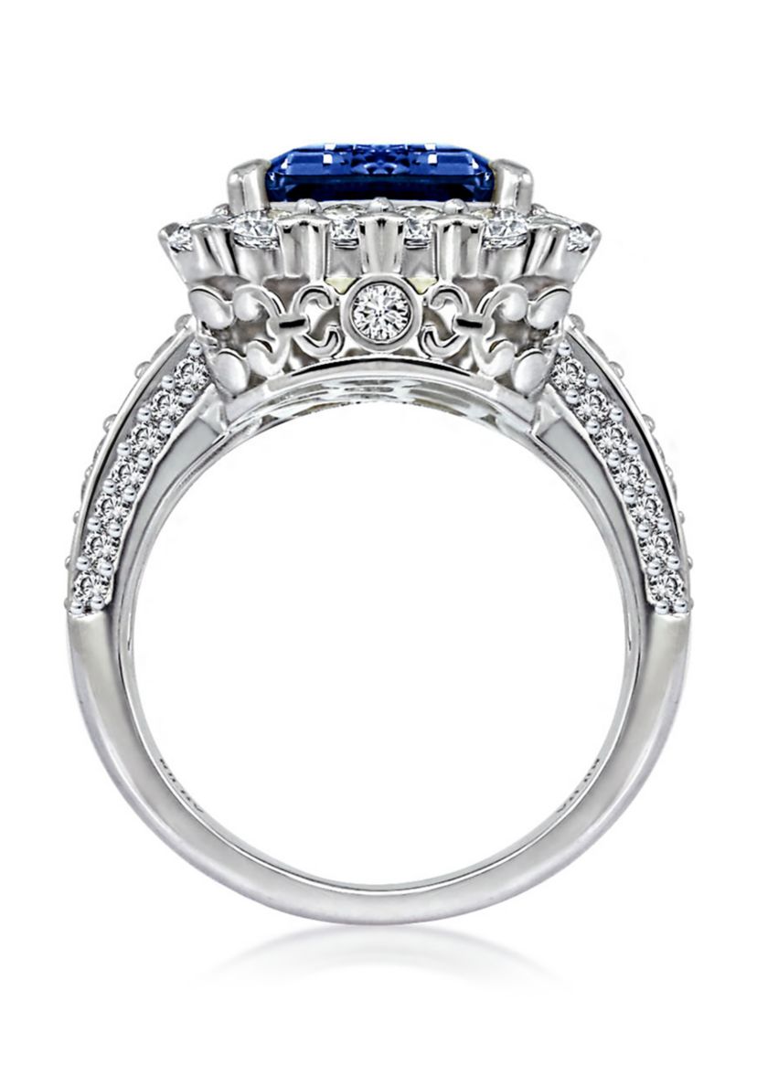 Platinum Plated Sterling Silver Cubic Zirconia Emerald Cut Simulated Gem Halo Cocktail Ring
