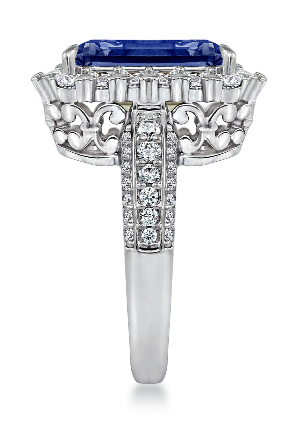 Platinum Plated Sterling Silver Cubic Zirconia Emerald Cut Simulated Gem Halo Cocktail Ring