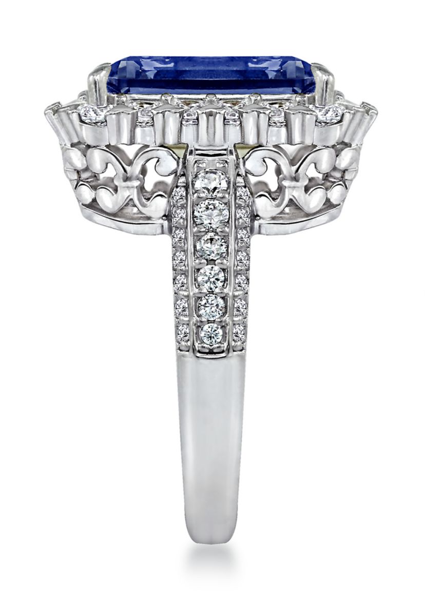 Platinum Plated Sterling Silver Cubic Zirconia Emerald Cut Simulated Gem Halo Cocktail Ring