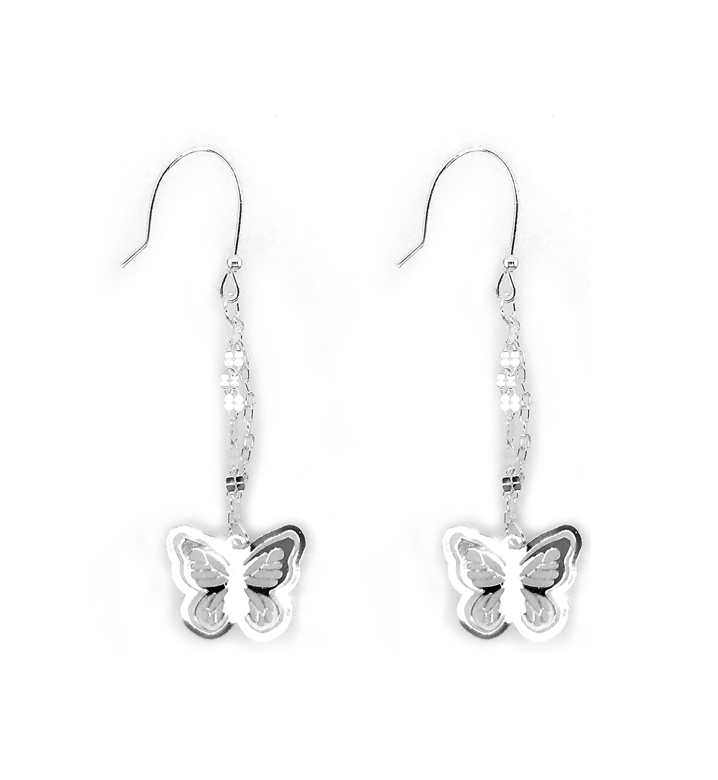 Rhodium Plated Sterling Silver Hollow Butterfly Dangle Earrings