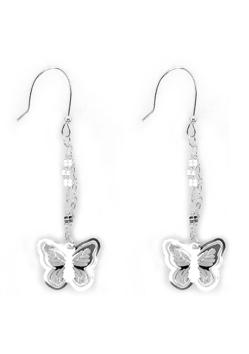 Rhodium Plated Sterling Silver Hollow Butterfly Dangle Earrings