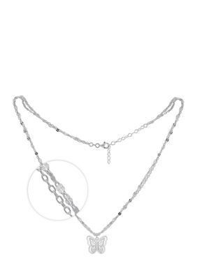 Kiera Rhodium Plated Sterling Silver Double Strand Necklace With Hollow Butterfly Pendant